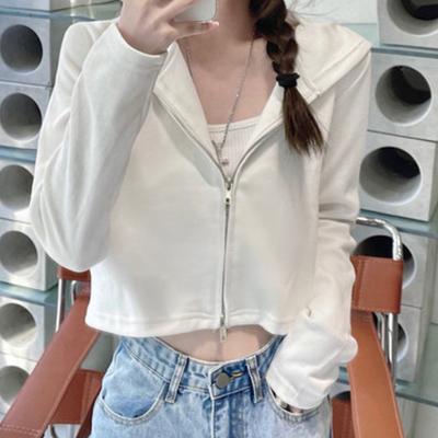 Kadınlar İçin Bahar ve Sonbahar Kısa Sweatshirt İnce Bol Kore Öğrenci Kapüşonlu Hırka Fermuarlı Üst Örtü