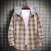 Men Autumn Coat Contrast Color Hooded Plaid Print Casual Drawstring Warm Long Sleeves