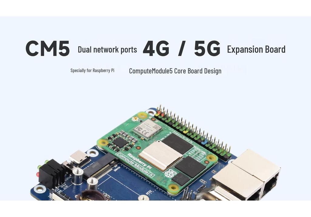 Raspberry Pi CM5 Dual Network Expansion Board with 4G/5G Module Support, Dual 4K Output, and Dual MIPI.