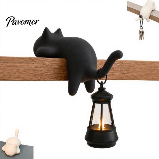 Retro Style Table Lamp Cat Shape Shelf Hook with LED Lantern, Vintage Decorative Light for Lovers Hanging Ornament, Soft Glow Night Bookshelves
