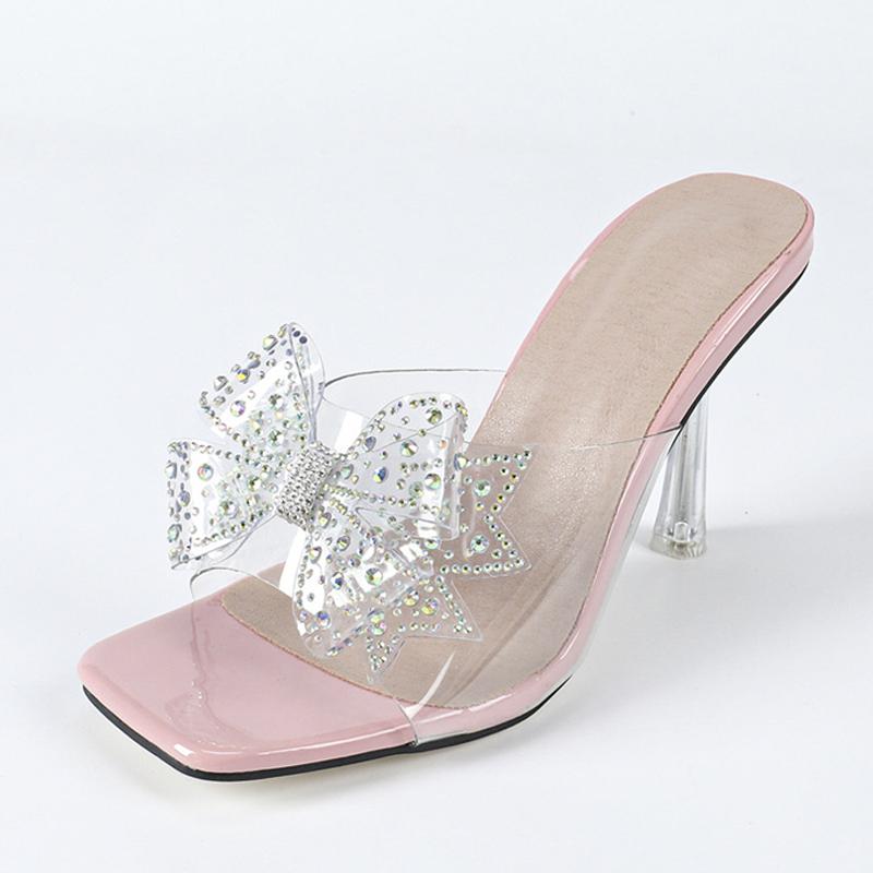 PVC Transparent Slippers For Woman Crystal Rhinestone Bowknot High Heels Clear Sandals Fashion Square Toe Party Prom Shoes
