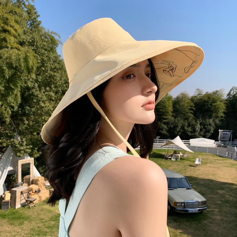 Summer New Hat Women Wear Double-sided Printed Big Edge Bucket Hat Big Brim Sun Protection Sun Hat Seaside Too