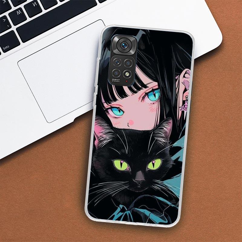 Anime Girls Cute Black Cat Phone Case For Xiaomi Redmi Note 12 12S 11 11S 10 10S 9 9S 11T 11E Pro Plus 8 8T 7 5 9T + Coque Cover