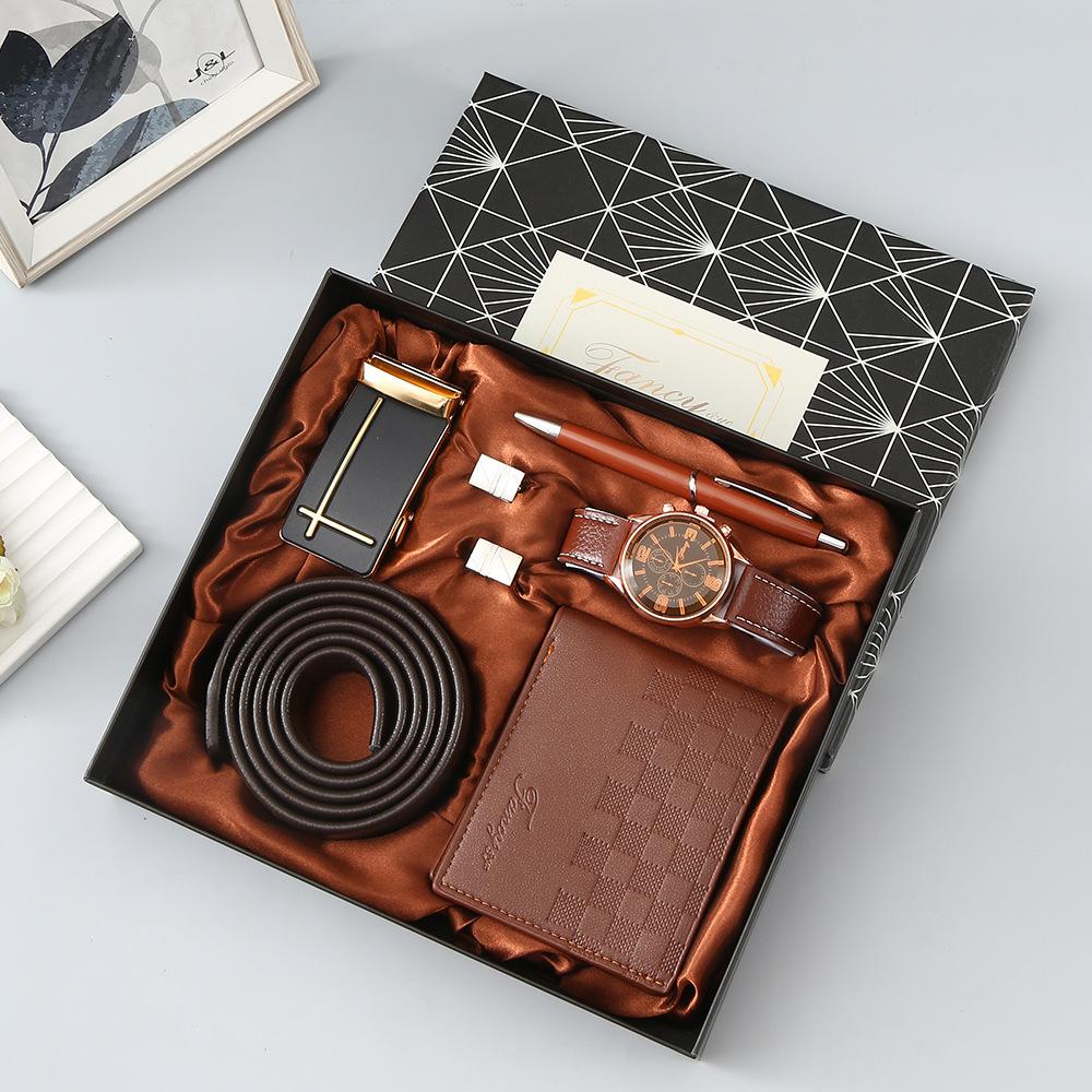 Premium Men's Souvenir Gift Set Custom Logo Leather Wallet Belt Watch Sunglasses 4-Piece Valentine Birthday Luxury Box
