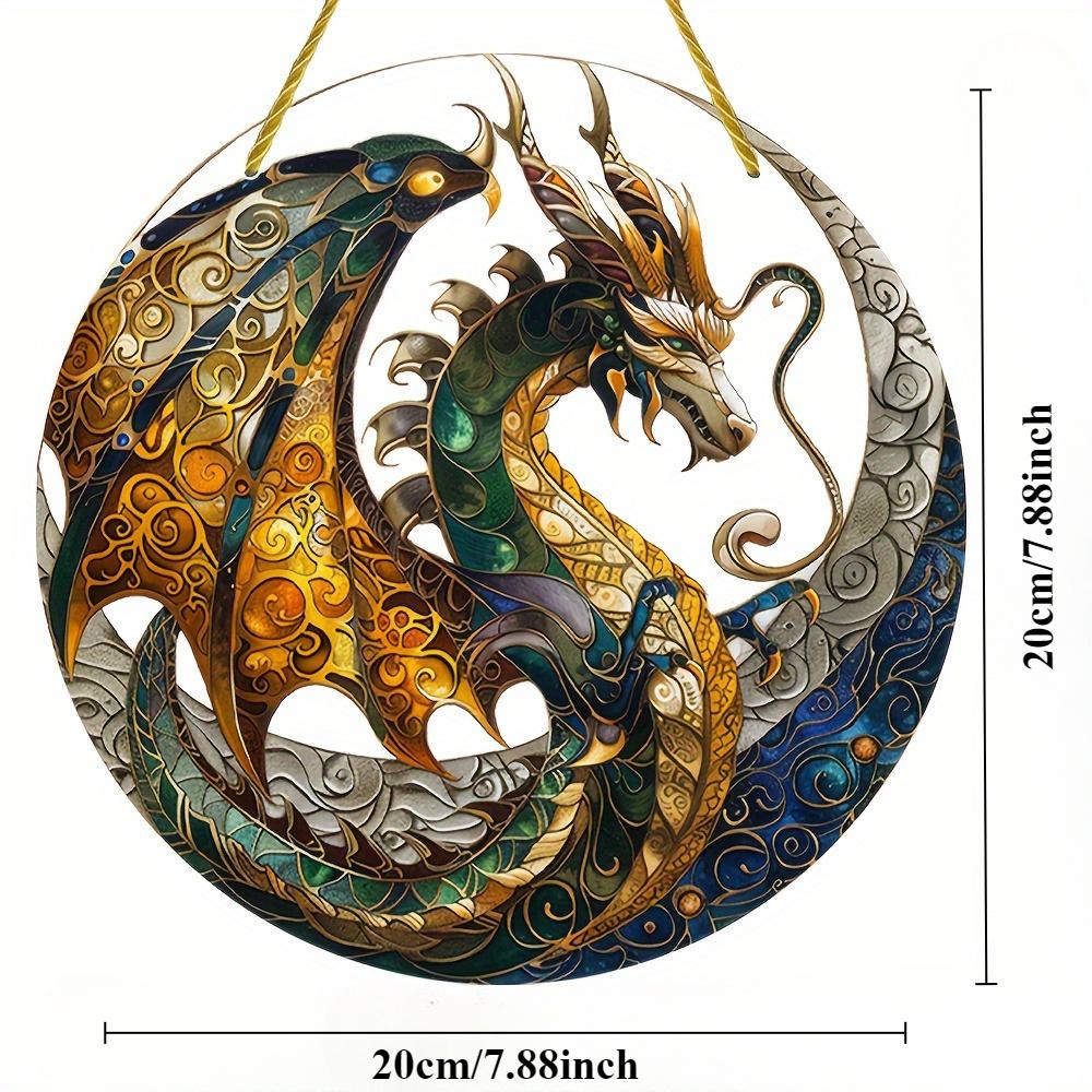 Dragon Sun Catcher. Circular stained glass plaque for wall or wreath decor. An artistic accent.