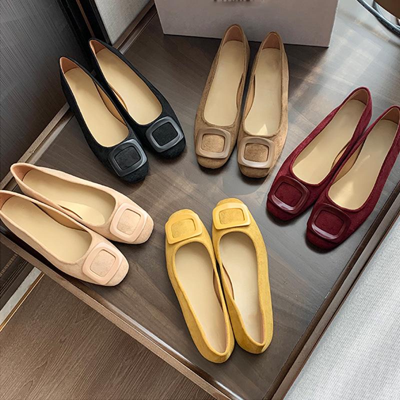 2025 Autumn New Temperament Round Head Square Buckle Shallow Mouth Suede Commuting Versatile Flat Sole Shoes Women's Spring and Autumn