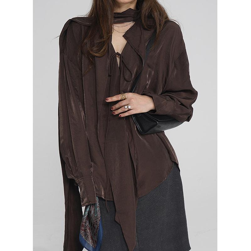 2026 Spring Women s Brown Satin Shirt with European-Inspired Ruffle Collar and Flowing Ribbon One Size