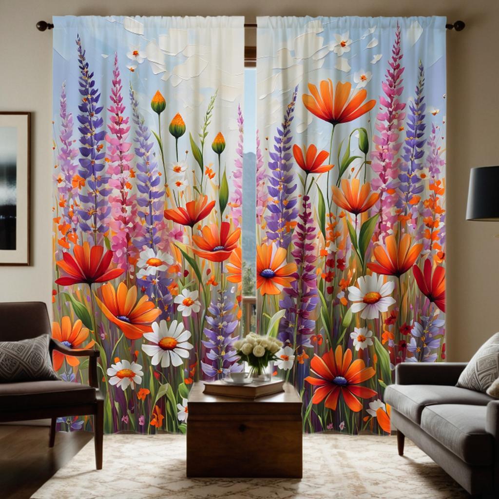 2-piece HD Digital Color Department Autumn Wildflower Lavender Curtain Home Decoration Style Decorate Living Room Bedroom Wear R