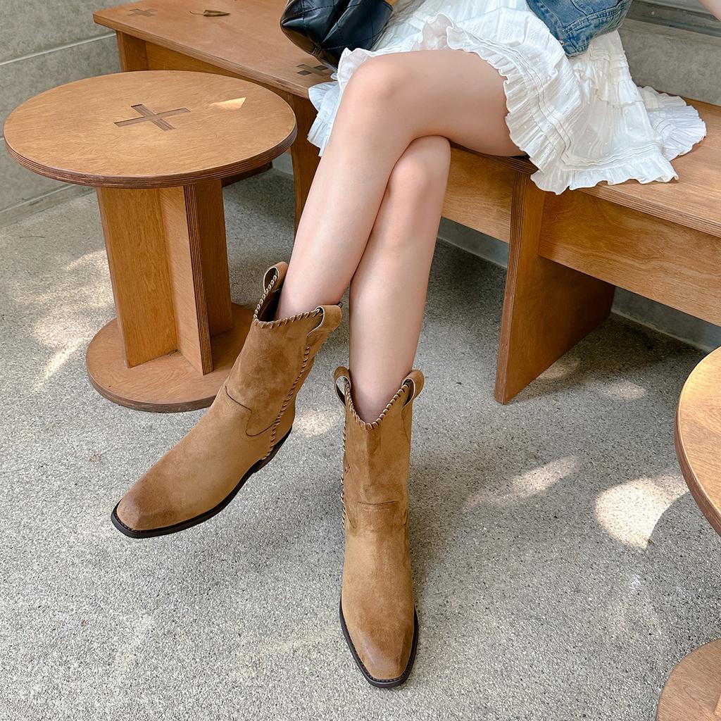 Leather Western Cowboy Boots Knight Boots Women's Maillard Skinny Thick Heel Pointed Short Boots Vintage Medium Martin Boots