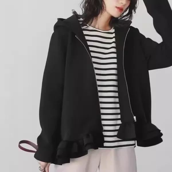 In-Stock 2024 Japanese Autumn/Winter Lotus Leaf Hem Zipper Sweatshirt