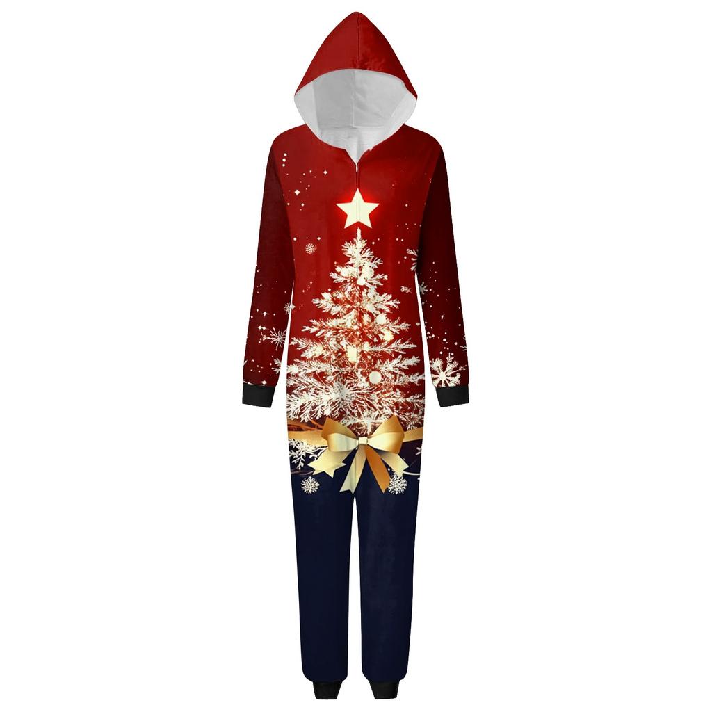 Christmas Print Parent-Child Outfit Hooded Zipper One-Piece Fashionable Home Suit Set