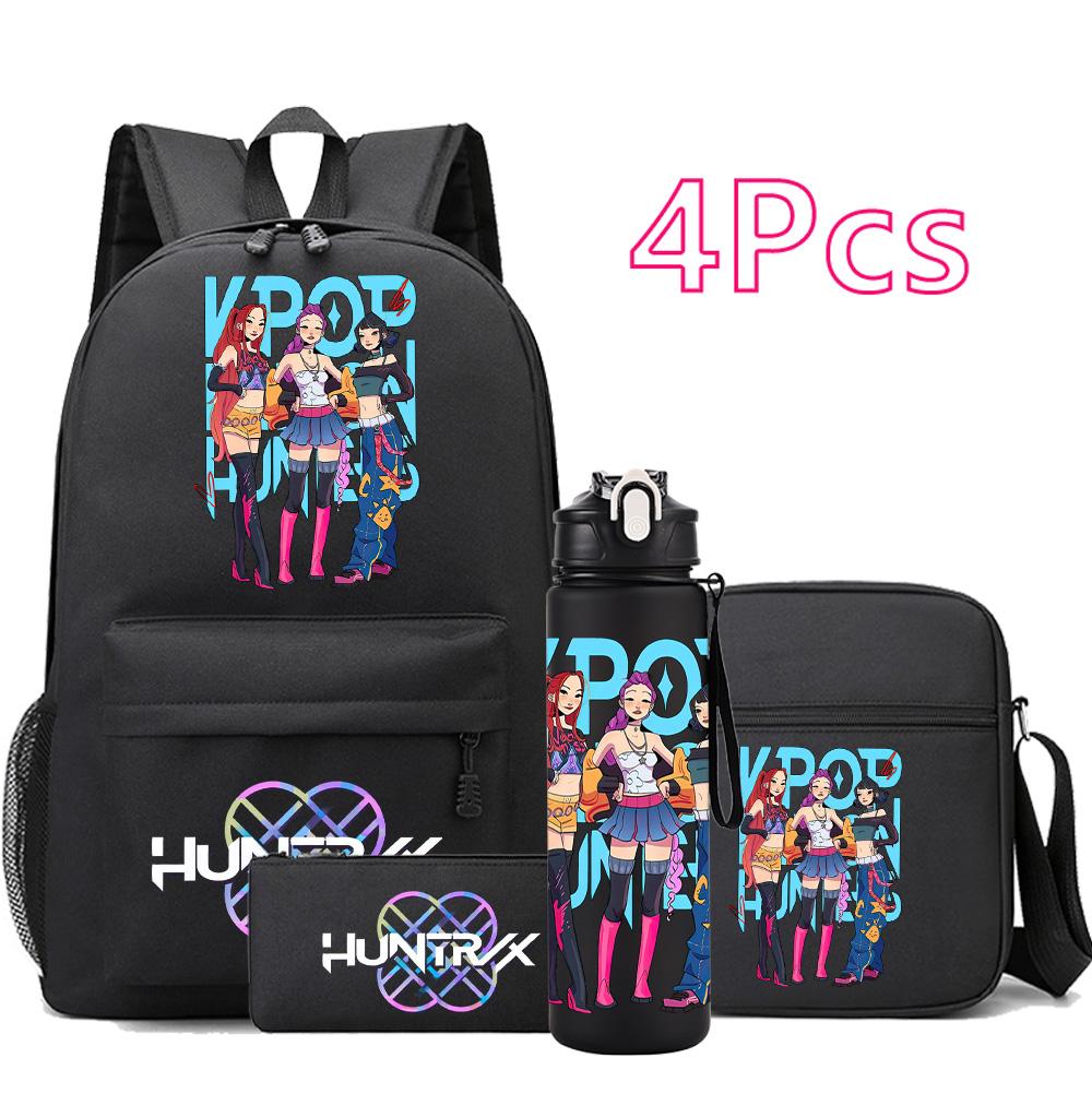 4Pcs/set Anime Cartoon K-Pop Printed Backpack with 750Ml Water Bottler for Teenager Student Girl Boy Bookbag Kid Gift Large Capacity Travel Bag
