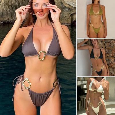 2Pcs/Set Women Bikini Set Halter Bra Lace-up Briefs Set Metal Connection Solid Color Beach Style Swimwear