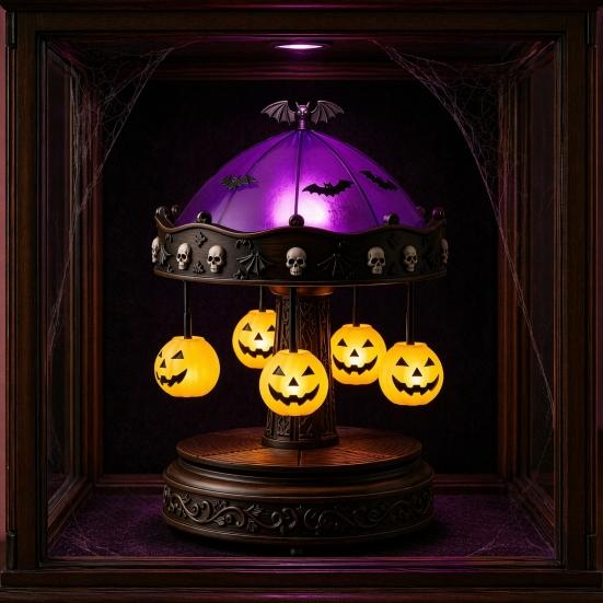 xiaobudian Ghost Carousel Light, Halloween Night Gothic Stained Glass Shade with Floating Ghosts/Pumpkins, Spooky Table Lamp for Bedroom Home