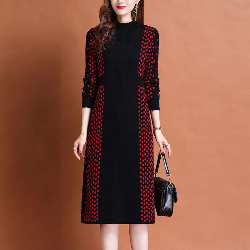 Autumn Winter Women's Half Turtleneck Knit Dress Slim Fit Polka Dot Print Pullover Long Sweater Dress