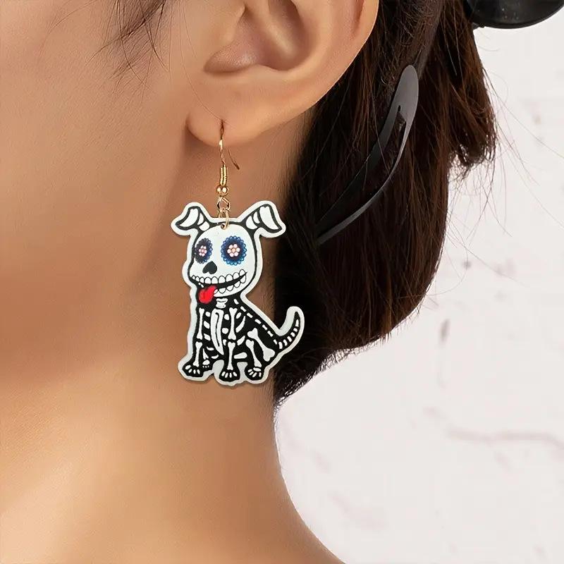 Cross-border new skeleton dog earrings gothic horror style flat acrylic Halloween animal earrings ornaments