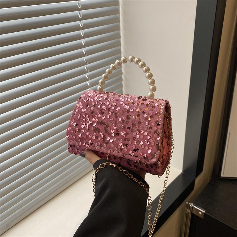 Stylish Sequined Handheld Small Square Bag 2024 Trendy Chain Shoulder Bag For Casual Use