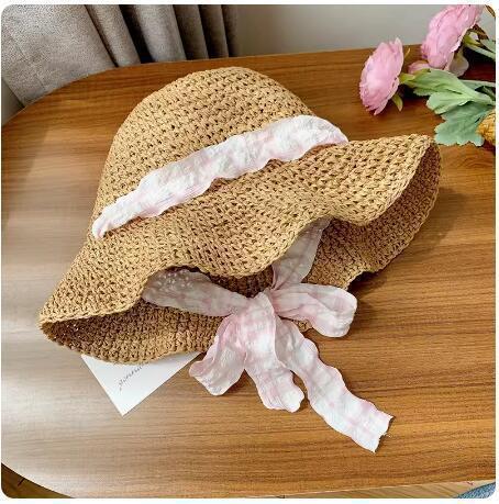 Pearl straw hat summer travel sunscreen sunshade bucket hat new straw seaside vacation net red hat