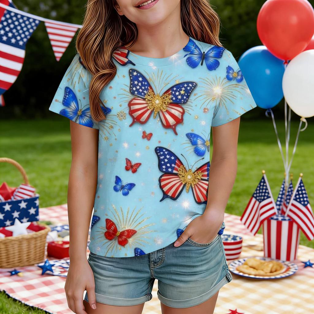 Kids Independence Day Print Round Neck Short Sleeve Casual T-shirt