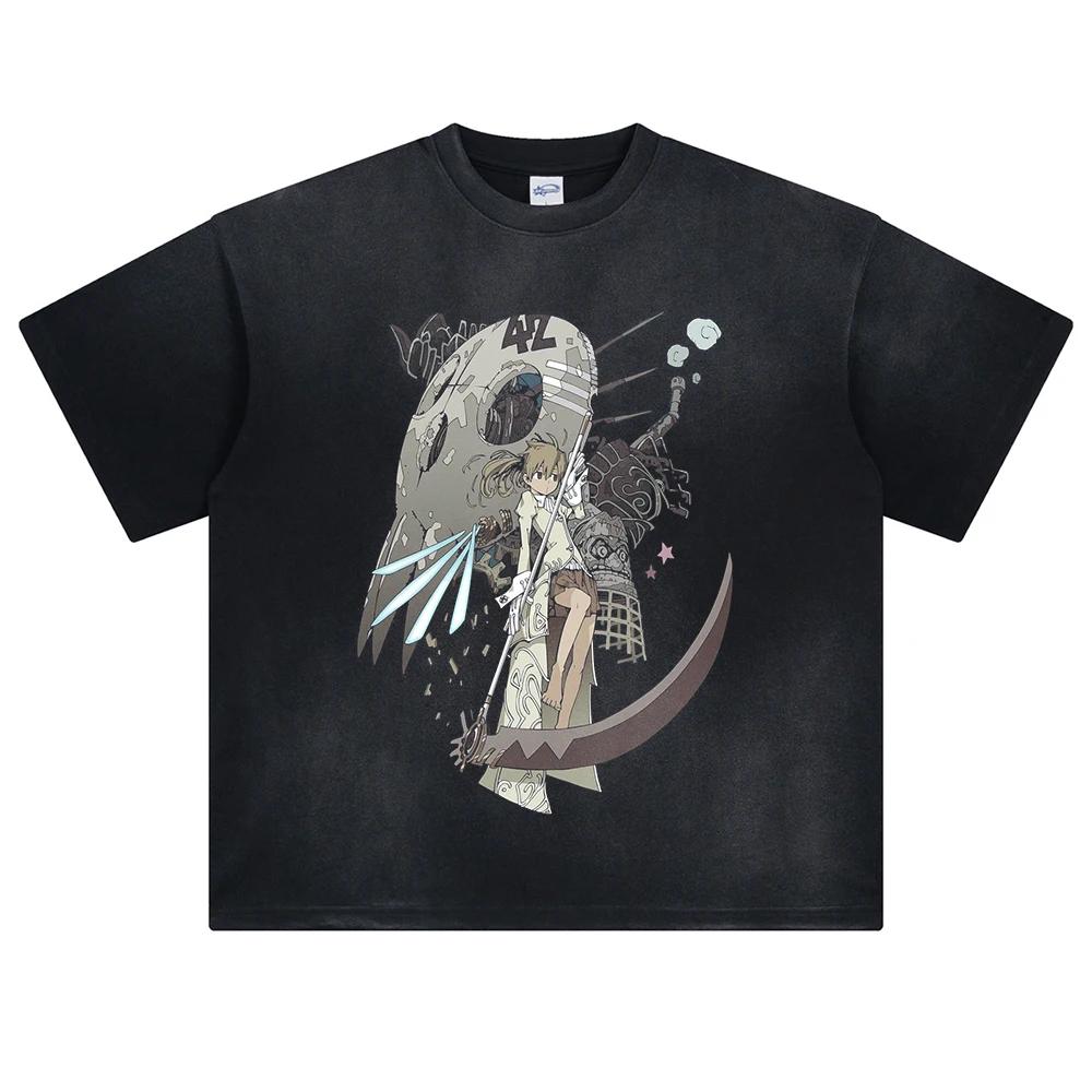 Manga Soul Eater Print Tshirt For Men Women Clothing Cotton Short Sleeve Tees Tops Harajuku Vintage Washed Oversized Streetwear