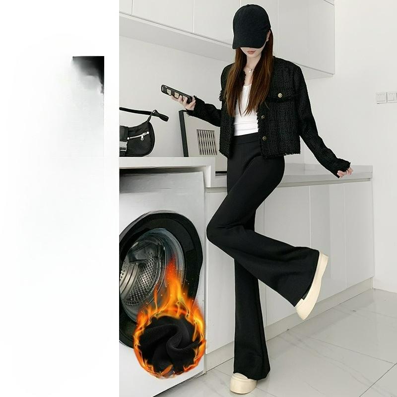 Женские черные расклешенные брюки больших размеров Женские осенние микро-расклешенные брюки Повседневные драпированные брюки-подковы Брюки с плюшевой подкладкой XXXXL