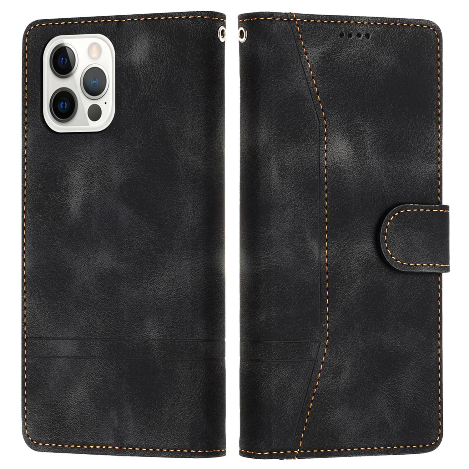 

L002 For iPhone 12/12 Pro 6.1 inch Retro Lines Imprinted Phone Cover Leather Stand Wallet Case Black