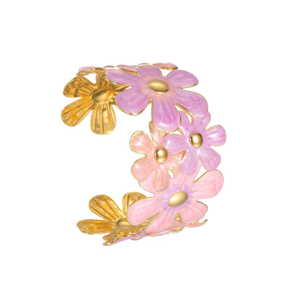 Frisches und Süßes Buntes Emaille-Blumen Offenes Armreif: Luxuriöses High-End-Mode-Edelstahlarmband