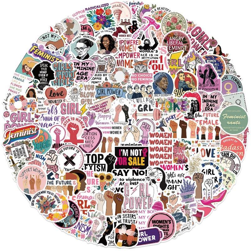 200 Pieces of Pink Sticker Decorative Phone Water Bottles for Female Feminist Groups with Waterproof Cartoon Designs