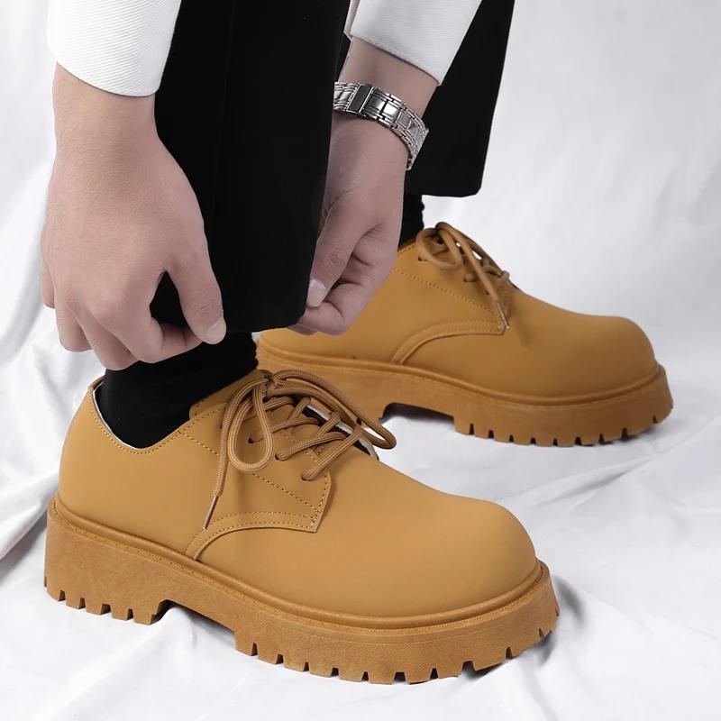 Herren Lederschuhe Dicke Sohle Runde Zehenpartie Plateau Männlich Lässiger Derby Schuh Rindsleder Klassisch Original Rechtmäßiger Designer