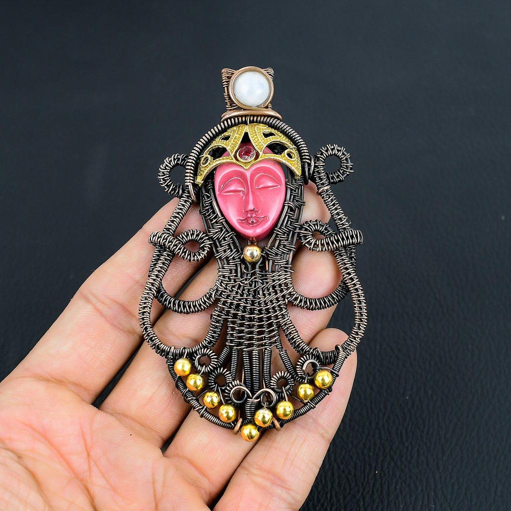 Carved Pink Face & Moonstone Jewelry, 999 Copper Wire Wrapped Pendant Handmade Gemstone Jewelry, Gifts For Wife Brand New Pendant
