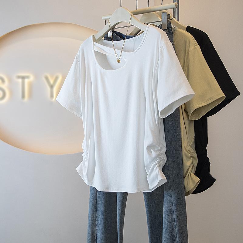 Spring/Summer 2026 Plus Size Women s Clothing: Trendy Korean Style Asymmetrical Neckline Slimming Bodycon Short Sleeve. 2XL белый
