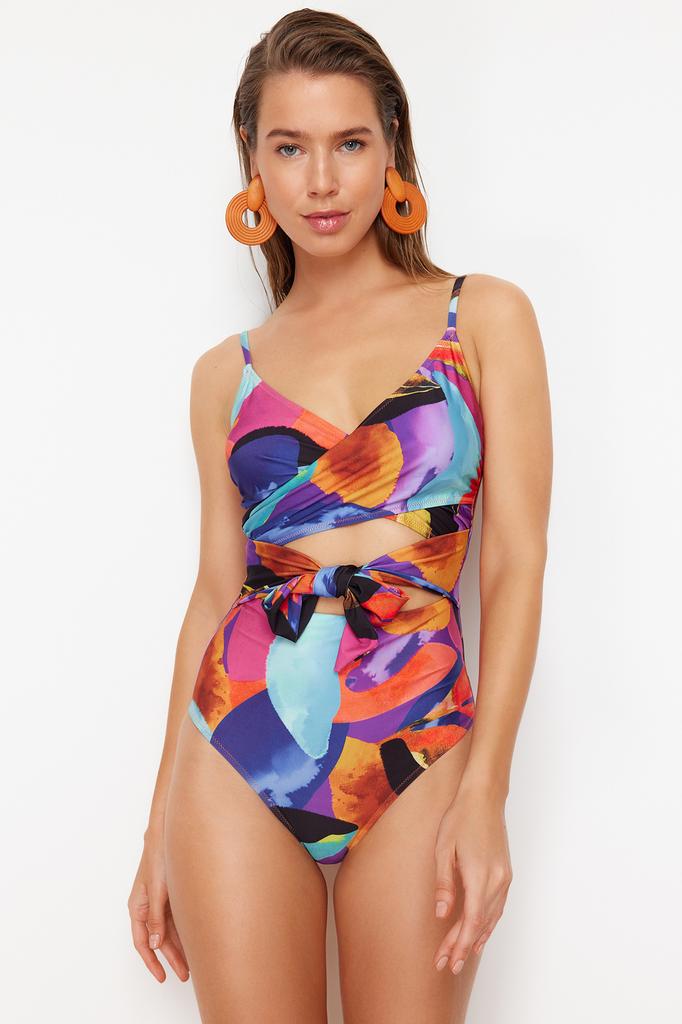 Women's New Season Swimsuit Floral Patterned Double Breasted Tied Normal Leg Swimsuit