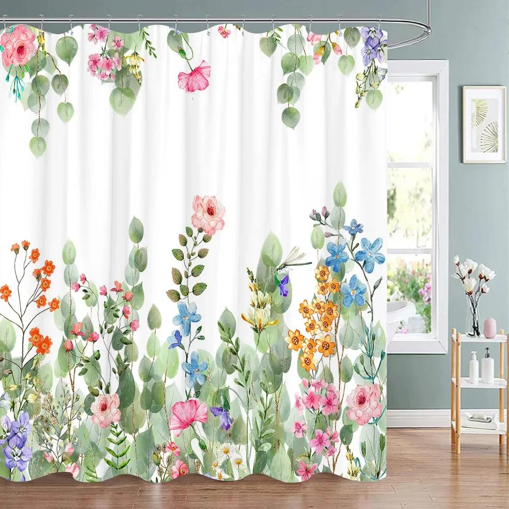 Tropická Zeleň Květinová Sprchová Závěs Kolibřík Motýl List Polyesterová Tkanina Omyvatelné Sprchové Závěsy Koupelnová Dekorace