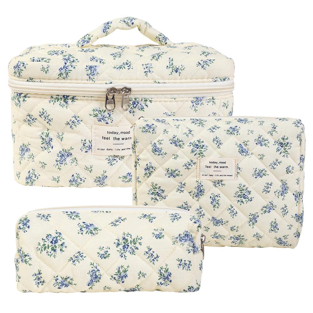 Large-Capacity Quilted Cotton Floral Makeup Bag - Portable and Cute for Travel or Student Use