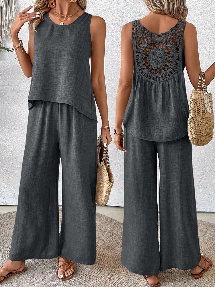 Solid Color Casual Loose Pants Sets For Women Elegant Summer Women's Two Pieces Suit Full Trouser Set Female Outfit Clothes
