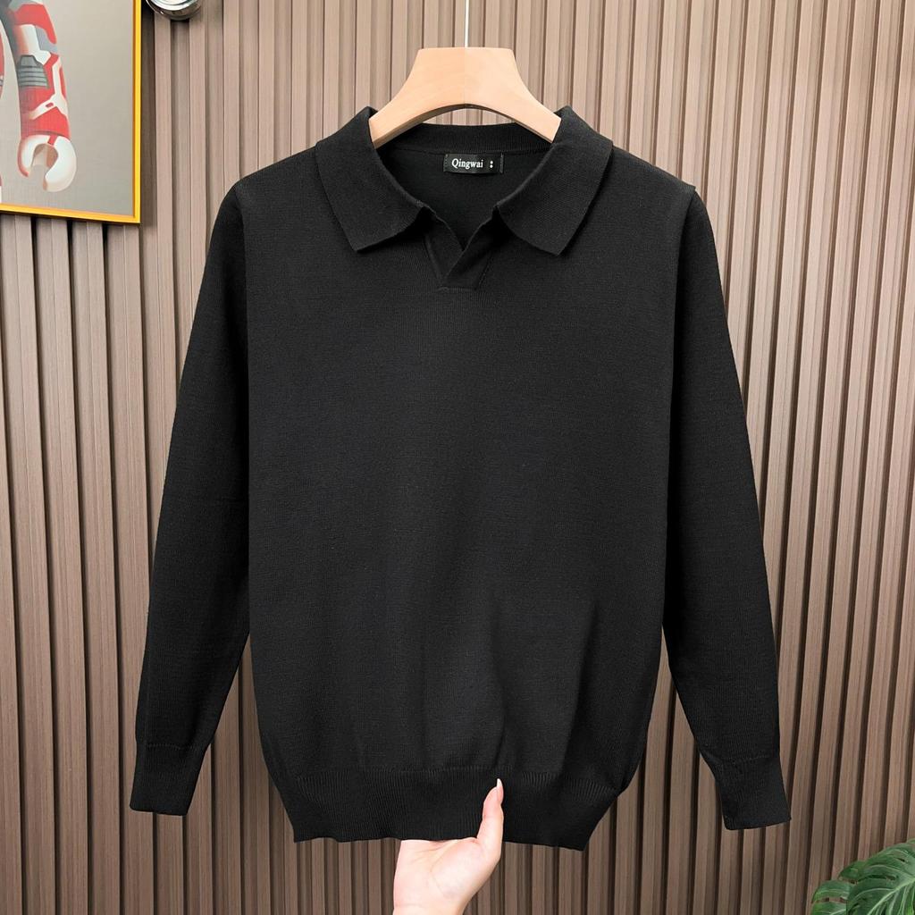 Men's Fine Knit Lapel Polo Sweater: Cozy, Skin-Friendly, Long Sleeve, Trendy, Loose Fit, High-End Feel.