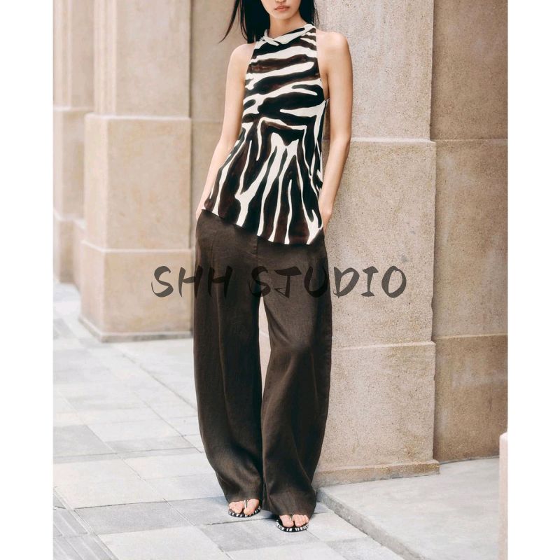 Linen Blend with Belt round Neck Kimono Coat 8426329 Balloon Mid Waist Pants 7627242