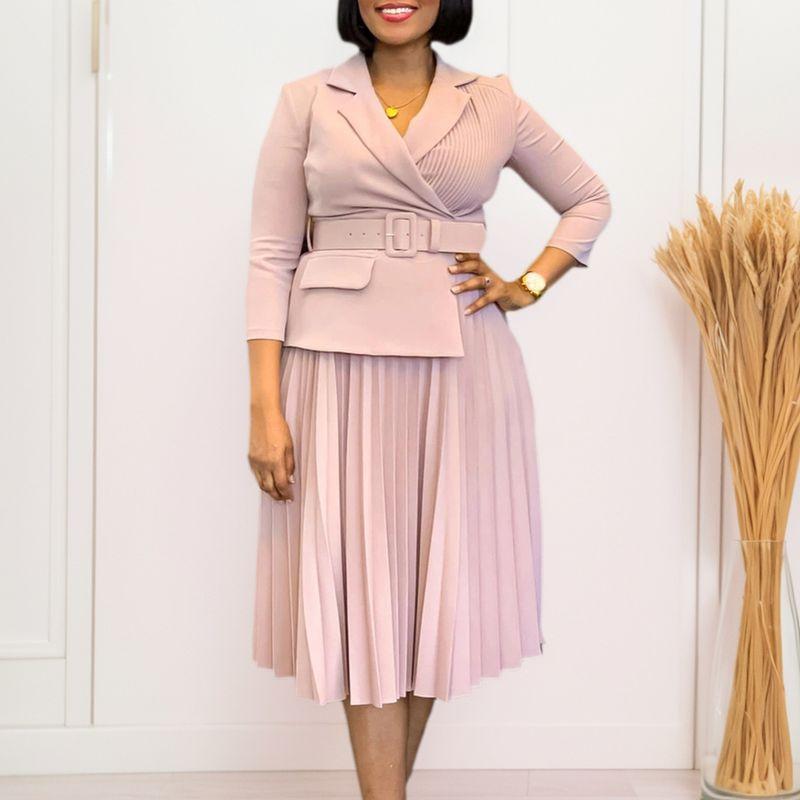 

D592 European and American Women clothes Autumn and Winter Women s Suit Collar Elegant Pleated Skirt African Dress Light pink + belt L
