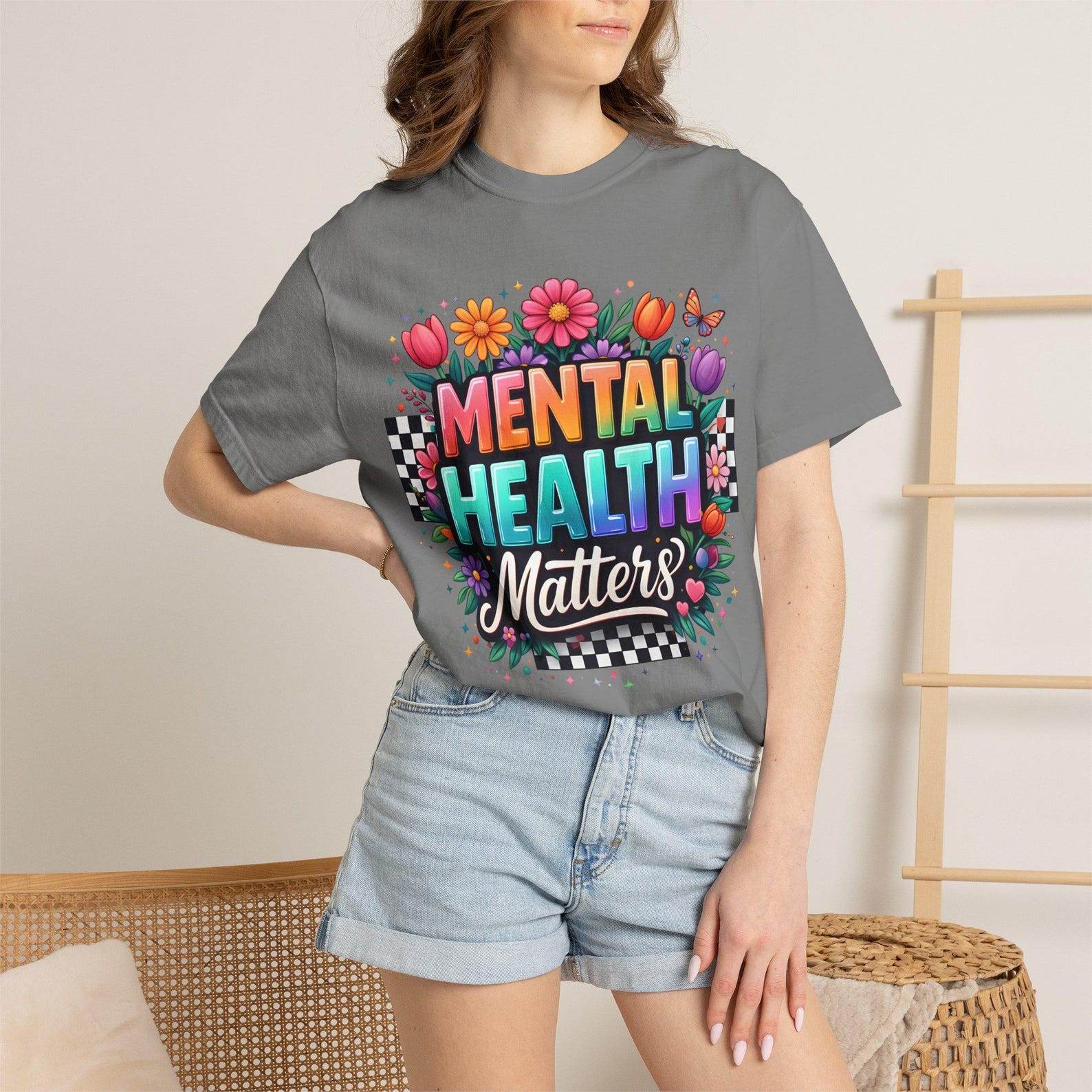 Mental Health Matters T-shirt | Colorful Floral Checkerboard Typography XL