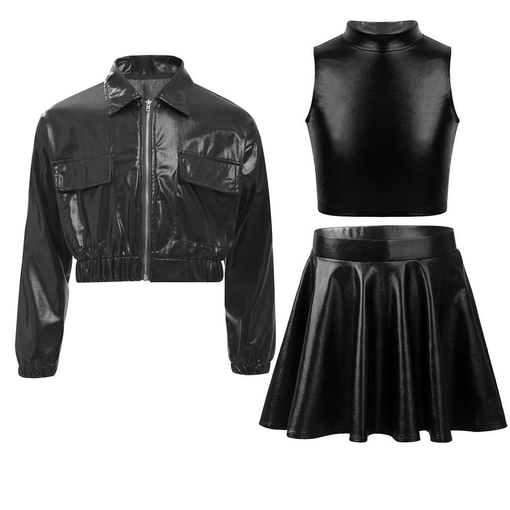 Metallic Shiny Jacket Set for Girls: Turn-Down Collar Long Sleeve Coat with Turtleneck Tank & High Waist A-Line Skirt