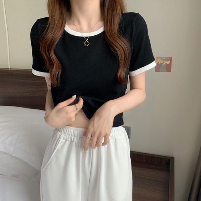 Contrasting Color Round Neck Short-sleeved Shirt Women's New Summer Bottoming Shirt Korean Version Slim-fitting Short Student Top Tide