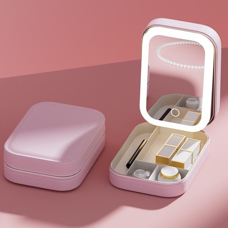 

Leather Cosmetic Bag With Led Mirror Makeup Lighted Rechargeable Adjustable Brightness Full Screen Mirror Portable Travel