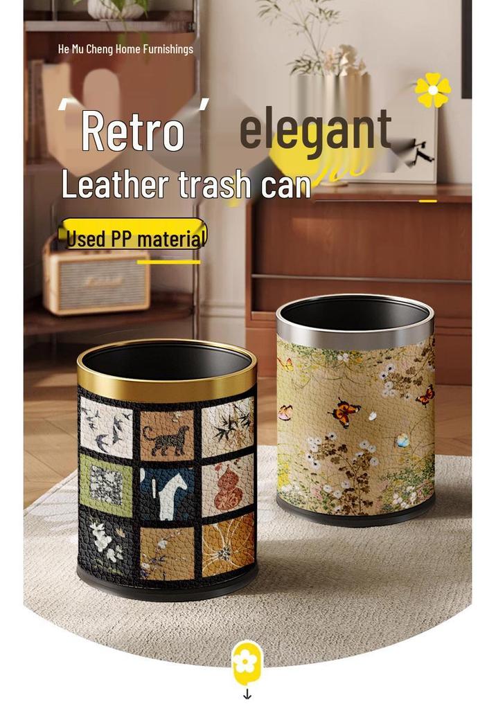 He Mu Cheng French Retro Double-Layer Trash Can - Large Capacity for Living Room, Kitchen, or Bathroom, Light Luxury Chinese Style