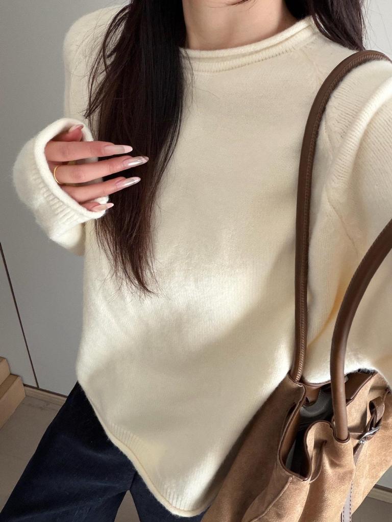 Korean Style Ruffle Sweater - Round Neck, Raglan Sleeves, Slim Fit, Solid Color, Textured Design