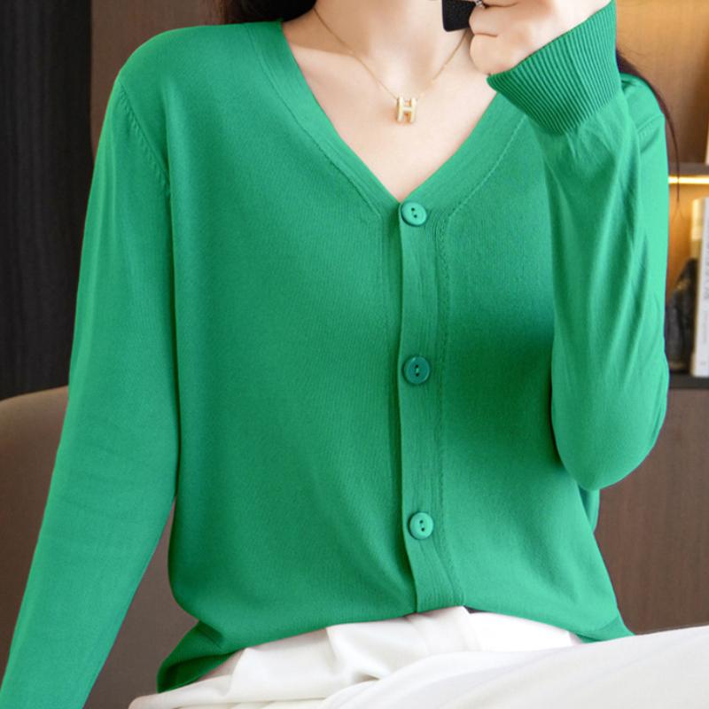 IHUASU Summer Thin Long-sleeved Ice Silk Knitted Women Cardigan Jacket Sun Shirt Air Conditioning Shirt with Skirt V-neck Outwear Tops