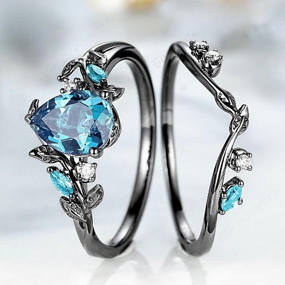 

Luxury Black Color Waterdrop Round Blue White Stone Leaf Rings for Women Jewelry Anniversary Rings Set Gift 6