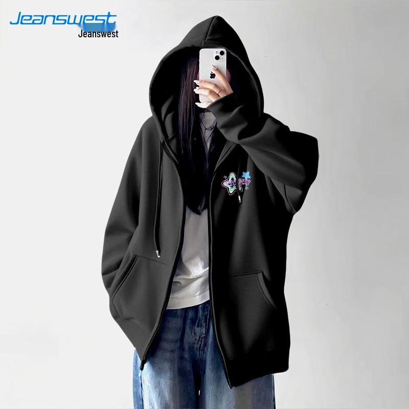 JEANSWEST 2025 Women's Loose Hooded Zip Sweatshirt