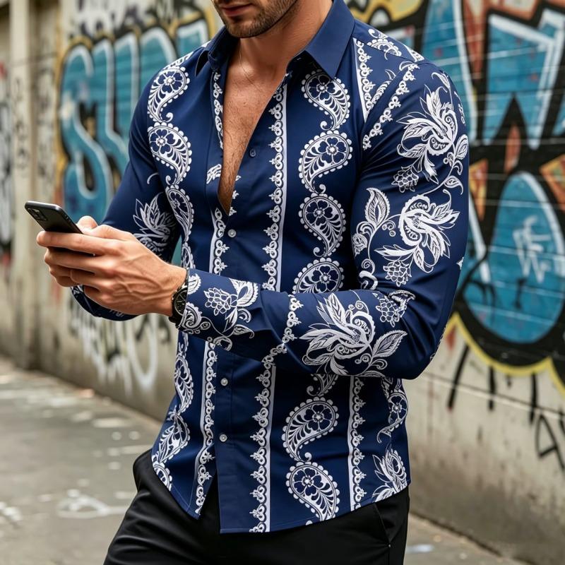 Men's long-sleeved collared shirt, ethnic print, flowy shirt, plus size street style casual cardigan top