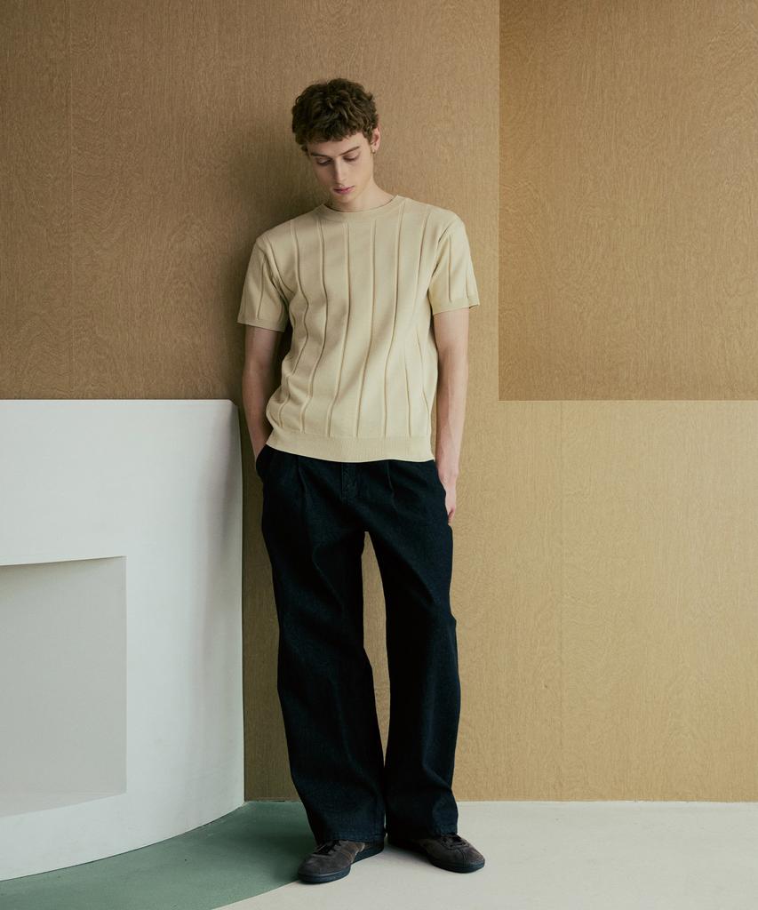 NODU Round Ribbed Short Sleeve Knit [Beige]