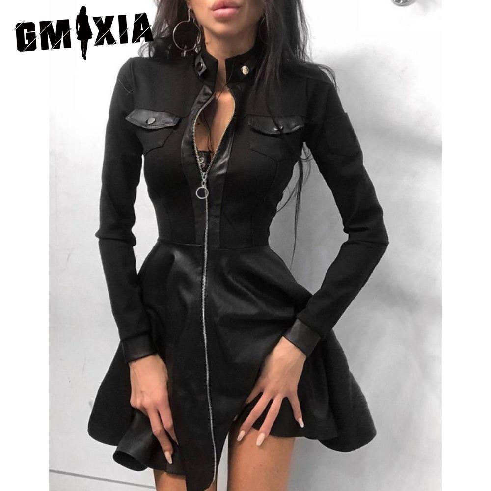 

GMXIA Fashion Женское кружевное мини-платье с длинным рукавом, на молнии, с большим подолом из искусственной кожи L